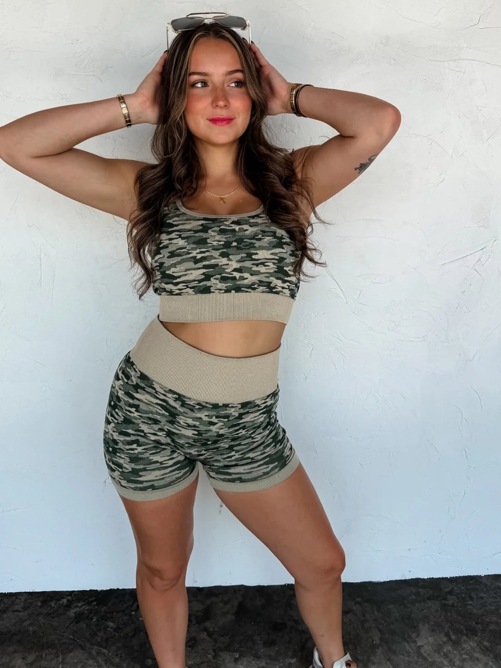 Camouflage Seamless Sports Bra and Shorts Set - Olive Green